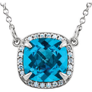 14K White Swiss Blue Topaz & .06 CTW Diamond 16" Necklace