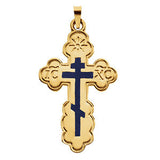 14K Yellow 19x13mm Orthodox Cross Pendant with Blue Enamel