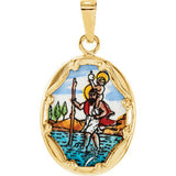 14K Yellow 13x10mm St. Christopher Hand-Painted Porcelain Medal