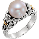 Sterling Silver & 14K Yellow Fleur-de-lis Pearl Ring