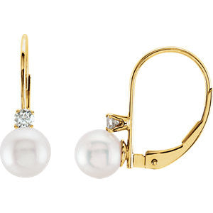 14K Yellow Akoya Cultured Pearl & Diamond Lever Back Earrings