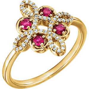 14K Yellow Ruby & 1/6 CTW Diamond Clover Ring