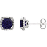 14K White Created Blue Sapphire & 1/8 CTW Diamond Earrings