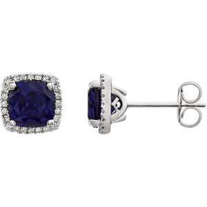 14K White Created Blue Sapphire & 1/8 CTW Diamond Earrings