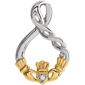 Sterling Silver-10K Yellow .01 CT Diamond Claddagh Pendant with Rhodium