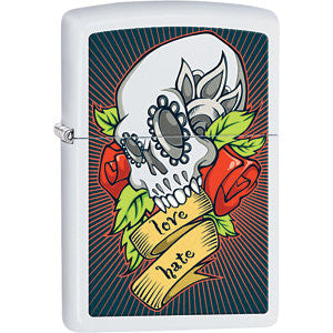 Zippo® Love Hate Skull Tattoo Design White Matte Lighter