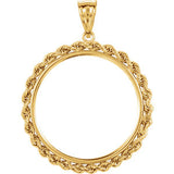 14K Yellow 27.4x2mm Tab Back 2.5mm Solid Rope Coin Frame Pendant for Mexican 20 Peso