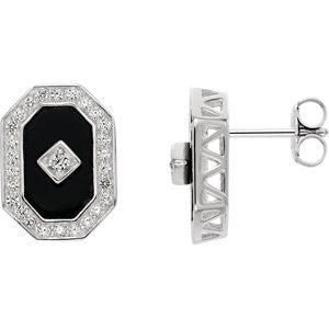 Sterling Silver Onyx & CZ Halo-Style Earrings