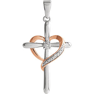 Sterling Silver 31x15.7mm Diamond Heart Cross Pendant