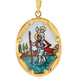 14K Yellow 13x10mm St. Christopher Hand-Painted Porcelain Medal