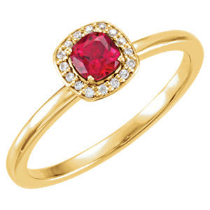 14K Yellow Chatham® Created Ruby & .04 CTW Diamond Halo-Style Ring