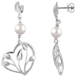 14K White Freshwater Cultured Pearl Leaf & Heart Earrings