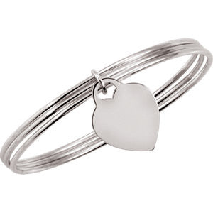 Sterling Silver Triple Bangle 8" Bracelet with Heart Dangle