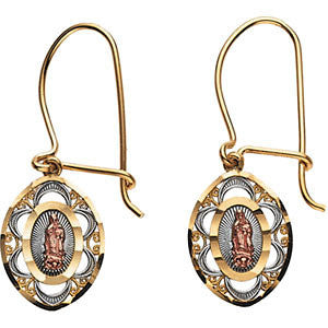 14K Yellow & Rose 12.5x9.75mm Tri-color Oval Our Lady of Guadalupe Earrings