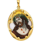 14K Yellow 13x10mm Face of Jesus Hand-Painted Porcelain Medal