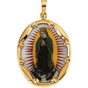 14K Yellow 17x13mm Our Lady of Guadalupe Hand-Painted Porcelain Medal