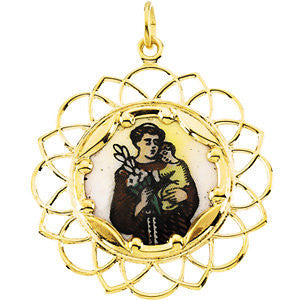 10K Yellow 26mm St. Anthony Framed Enamel Pendant