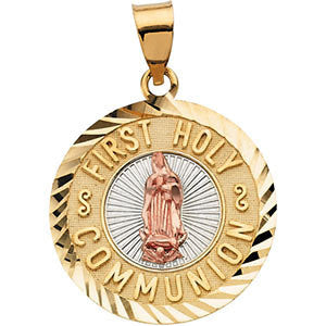 14K Yellow 16.75mm Tri-Color First Holy Communion Medal